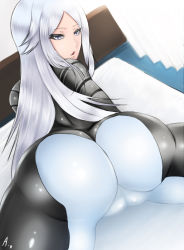 Rule 34 | 10s, 1girl, aila jyrkiainen, arched back, ass, back, bed, bodysuit, cameltoe, female focus, from behind, grey eyes, gundam, gundam build fighters, long hair, looking at viewer, looking back, lying, ogura anko, on bed, open mouth, parted lips, shiny clothes, silver hair, skin tight, solo