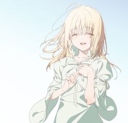 Rule 34 | 1girl, ahoge, artoria pendragon (all), artoria pendragon (fate), blonde hair, blue background, closed eyes, collarbone, commentary, dress, facing viewer, fate/stay night, fate (series), gradient background, green dress, green ribbon, hair down, hand on own chest, hands up, happy, high collar, highres, light blush, medium hair, neck ribbon, nozawa noko, official alternate costume, open mouth, ribbon, saber (fate), simple background, sleeve ribbon, sleeves past elbows, sleeves pushed up, smile, solo, teeth, upper body, upper teeth only, wide sleeves