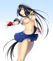 Rule 34 | 1girl, black hair, blue background, blue eyes, blue skirt, breasts, crop top, earrings, fingerless gloves, fingernails, gloves, gradient background, hair over one eye, hand up, highres, ikkitousen, jewelry, kan&#039;u unchou, kurone rinka, large breasts, light smile, lips, long hair, looking at viewer, magatama, magatama earrings, midriff, miniskirt, navel, neckerchief, nipples, panties, parted lips, pleated skirt, red gloves, school uniform, shiny skin, short sleeves, simple background, skirt, solo, stomach, underwear, very long hair, white background, yellow neckerchief