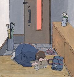 Rule 34 | 1girl, all fours, bag, blue jacket, blue skirt, brown hair, closed eyes, closed mouth, commentary request, cross-laced footwear, door, flower, full body, highres, indoors, jacket, charm (object), long skirt, long sleeves, original, petting, plant, potted plant, rabbit, red footwear, schinako, school bag, shoes, short hair, skirt, smile, sneakers, socks, solo, sunset, tile floor, tiles, umbrella stand, unworn shoes, white flower, white socks, wooden floor