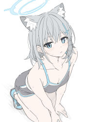Rule 34 | 1girl, absurdres, alternate costume, animal ear fluff, animal ears, armpit crease, bare shoulders, black shorts, black sports bra, blue archive, blue eyes, blue footwear, blue halo, blush, breasts, bright pupils, cleavage, closed mouth, commentary, cross, cross hair ornament, extra ears, from above, grey hair, hair between eyes, hair ornament, halo, highres, inverted cross, looking at viewer, masabodo, medium breasts, mismatched pupils, shiroko (blue archive), short hair, shorts, simple background, solo, sports bra, squatting, sweat, symbol-only commentary, white background, white pupils, wolf ears, wolf girl
