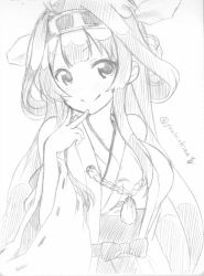Rule 34 | 1girl, bare shoulders, breasts, commentary request, detached sleeves, double bun, greyscale, hairband, headgear, highres, japanese clothes, kantai collection, kongou (kancolle), large breasts, long hair, looking at viewer, monochrome, nontraditional miko, one-hour drawing challenge, ribbon-trimmed sleeves, ribbon trim, sketch, smile, solo, twitter username, yuuki chima
