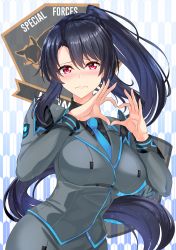 Rule 34 | 1girl, absurdres, black hair, breasts, commentary, embarrassed, english commentary, finger heart, highres, huge filesize, insignia, long hair, medium breasts, military, military uniform, muv-luv, muv-luv alternative, nez-box, original, red eyes, solo, uniform