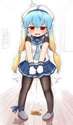 Rule 34 | 1girl, ahoge, beret, black pantyhose, blonde hair, blue hair, blue neckerchief, blue sailor collar, blue skirt, blush, breasts, breath, embarrassed, empty eyes, fang, female focus, full body, gloves, gradient hair, hair tie, hat, highres, indoors, japanese text, kantai collection, long hair, looking down, midriff peek, miniskirt, multicolored hair, navel, neckerchief, nose blush, open mouth, pantyhose, peeing, peeing self, pigeon-toed, pleated skirt, puddle, red eyes, sado (kancolle), sailor collar, school uniform, serafuku, shirt, shoes, sign, simoyuki, skin fang, skirt, sleeveless, sleeveless shirt, small breasts, solo, standing, steam, sweat, tears, textless version, thighband pantyhose, translation request, trembling, twintails, white footwear, white gloves, white hat, white shirt