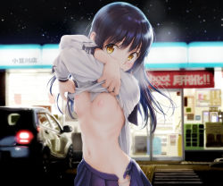 Rule 34 | 1girl, arms up, backlighting, black hair, blue skirt, breasts, breasts out, breath, brown eyes, car, commentary request, convenience store, cowboy shot, exhibitionism, female focus, highres, long hair, long sleeves, looking at viewer, motor vehicle, navel, night, night sky, nipples, no bra, nude, open clothes, open fly, open skirt, original, outdoors, panties, public indecency, school uniform, serafuku, shirt, shop, skirt, sky, small breasts, solo, stomach, sweat, tamanoi peromekuri, underwear, undressing, white panties, white shirt