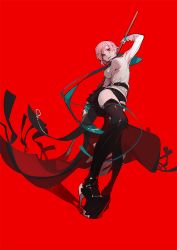Rule 34 | air gear, ask (askzy), black thighhighs, boots, high heel boots, high heels, pink hair, platform footwear, platform heels, polearm, red background, short hair, simca, simple background, solo, spear, thigh boots, thighhighs, weapon