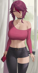 Rule 34 | 1girl, absurdres, asymmetrical clothes, bare shoulders, belt, black belt, black choker, black pants, black thighhighs, blush, breasts, cellphone, choker, cleavage, collarbone, curtains, genshin impact, hair between eyes, highres, jewelry, large breasts, long hair, long sleeves, looking at viewer, midriff, multicolored hair, necklace, pants, phone, purple eyes, purple hair, purple shirt, red hair, rosaria (genshin impact), shirt, sidelocks, single pantsleg, single thighhigh, smile, solo, streaked hair, thighhighs, thighs, zaphn