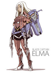 Rule 34 | 1girl, armor, armored boots, belt, black gloves, bodysuit, boots, dark skin, dark-skinned female, decoponmagi, dual wielding, elma (xenoblade x), gloves, gun, high heels, holding, jetpack, long hair, nintendo, red footwear, solo, thigh boots, thighhighs, weapon, white hair, xenoblade chronicles (series), xenoblade chronicles x