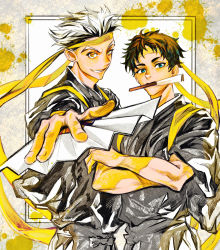 Rule 34 | 1boy, 2boys, absurdres, akaashi keiji, black hair, bokuto koutarou, crossed arms, framed, green eyes, grey hair, hachimaki, haikyuu!!, hand fan, headband, highres, hiromu 0811, holding, holding fan, huge filesize, japanese clothes, kimono, looking at viewer, male focus, mouth hold, multicolored hair, multiple boys, parted lips, simple background, smile, two-tone hair, yellow eyes