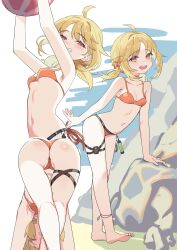 Rule 34 | 1girl, ahoge, ass, ball, barefoot, beachball, bikini, blonde hair, blush, breasts, commentary, girls&#039; frontline, grin, hair ornament, highres, lemures, long hair, looking at viewer, multiple views, nagant revolver (girls&#039; frontline), navel, official alternate costume, open mouth, orange bikini, red eyes, small breasts, smile, star (symbol), star hair ornament, swimsuit, thigh strap