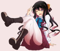 Rule 34 | 10s, 1girl, black hair, boots, bow, bowtie, breasts, cross-laced footwear, dress, grey pantyhose, hair ribbon, highres, kantai collection, lace-up boots, long hair, long sleeves, multicolored hair, naganami (kancolle), one eye closed, open mouth, pantyhose, pink hair, ribbon, school uniform, shirt, sitting, sleeveless, sleeveless dress, smile, solo, v, white shirt, wosero, yellow eyes