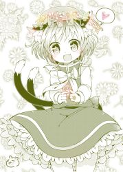 Rule 34 | 1girl, absurdres, animal ears, bow, cat ears, cat tail, chen, dress, earrings, fang, flower, flower wreath, hat, heart, highres, ibaraki natou, jewelry, long sleeves, looking at viewer, mob cap, monochrome, multiple tails, nekomata, open mouth, ring, shirt, smile, solo, spoken heart, spot color, tail, touhou, two tails
