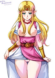 Rule 34 | 1girl, artist name, blonde hair, blue eyes, blush, breasts, breasts out, cleft of venus, clothes lift, dated, dress, dress lift, earrings, jewelry, legs, looking at viewer, mina cream, nintendo, nipples, no panties, parted bangs, pointy ears, princess zelda, pussy, simple background, skirt, skirt lift, smile, solo, super smash bros., tabard, the legend of zelda, the legend of zelda: a link between worlds, thighs, upskirt, white background