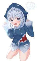 Rule 34 | 1girl, :d, absurdres, animal hood, blue eyes, blue hair, blue hoodie, blush, commentary request, gawr gura, gawr gura (1st costume), highres, hololive, hololive english, hood, hoodie, long sleeves, looking at viewer, multicolored hair, nannung, open mouth, shark girl, shark hood, sharp teeth, simple background, smile, solo, streaked hair, teeth, virtual youtuber, white background, white hair