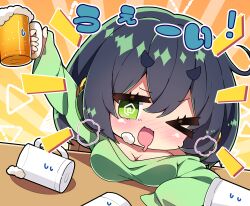 Rule 34 | &gt; o, 1girl, ;d, @ @, alcohol, arm up, bare shoulders, beer, beer mug, black hair, blush, breasts, cleavage, commentary request, cup, drooling, drunk, green eyes, green shirt, headphones, highres, holding, holding cup, kyoumachi seika, large breasts, long sleeves, looking at viewer, milkpanda, mouth drool, mug, nose blush, notice lines, off shoulder, one eye closed, open mouth, shirt, sleeves past fingers, sleeves past wrists, smile, solo, sunburst, sunburst background, translation request, voiceroid