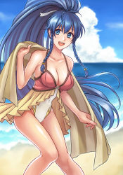 Rule 34 | 1girl, alternate costume, bare legs, beach, blue eyes, blue hair, braid, breasts, cleavage, cloud, cloudy sky, collarbone, covered navel, cowboy shot, day, fire emblem, fire emblem: the sacred stones, fire emblem heroes, hair between eyes, hair ribbon, hazuki (nyorosuke), knees together feet apart, long hair, looking at viewer, medium breasts, nintendo, ocean, one-piece swimsuit, open mouth, outdoors, ponytail, ribbon, sky, smile, solo, swimsuit, tana (fire emblem), tana (summer) (fire emblem), towel, twin braids, very long hair