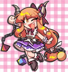 Rule 34 | 1girl, applejoople, blush, chibi, commentary, english commentary, fang, full body, horns, ibuki suika, long hair, looking at viewer, one eye closed, open mouth, orange eyes, orange hair, smile, solo, touhou