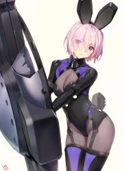 Rule 34 | 1girl, adapted costume, animal ears, black thighhighs, bodysuit, breasts, cleavage, cleavage cutout, clothing cutout, cowboy shot, eyes visible through hair, fake animal ears, fate/grand order, fate (series), garter straps, hair over one eye, head tilt, highres, impossible bodysuit, impossible clothes, large breasts, leotard, looking at viewer, mash kyrielight, mash kyrielight (ortenaus), parted lips, pink hair, purple eyes, rabbit ears, shield, short hair, simple background, solo, thighhighs, yd (orange maru)