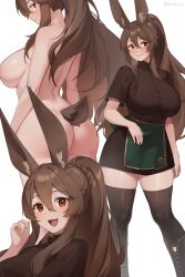 Rule 34 | 1girl, animal ears, apron, ass, black thighhighs, blush, boots, breasts, brown eyes, brown hair, brown shirt, brown skirt, completely nude, green apron, hand up, highres, iwbitu, large breasts, leotard, long hair, looking at viewer, looking to the side, multiple views, nude, open mouth, original, playboy bunny, rabbit ears, rabbit girl, rabbit tail, shirt, simple background, skirt, smile, tail, thighhighs, tongue, white background