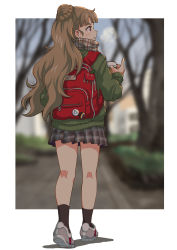 Rule 34 | 1girl, backpack, bag, black socks, blunt bangs, blurry, blurry background, blush, breath, brown hair, cup, depth of field, from behind, full body, hair bun, highres, holding, holding cup, idolmaster, idolmaster cinderella girls, kamiya nao, long hair, miniskirt, multicolored clothes, multicolored scarf, open mouth, plaid, plaid scarf, pleated skirt, red eyes, satomura kyou, scarf, scenery, shoes, single hair bun, skirt, sneakers, socks, solo, sweater, thick eyebrows, tree, very long hair, wavy hair, winter