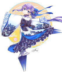 Rule 34 | &gt;:), 1girl, absurdres, black bow, blue bow, blue eyes, bow, closed mouth, commentary request, egasumi, fate/grand order, fate (series), flower, frilled sleeves, frills, from behind, full body, hair between eyes, hair bow, hair bun, hair flower, hair ornament, highres, huge filesize, jako (jakoo21), japanese clothes, kimono, long hair, looking at viewer, looking back, meltryllis (fate), new year, outstretched arms, print kimono, purple flower, purple hair, signature, single hair bun, sleeves past fingers, sleeves past wrists, smile, solo, spread arms, standing, v-shaped eyebrows, very long hair, white kimono