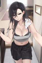 Rule 34 | 1girl, absurdres, black bra, black hair, black shorts, bra, breasts, cleavage, commentary request, doorway, entrance, grey tank top, hair over one eye, highres, indoors, large breasts, long hair, looking at viewer, navel, original, parted lips, picture frame, pov doorway, sabotensuteeki, shorts, solo, standing, straight hair, sweat, tank top, towel, towel around neck, underwear, wet, wet hair, wristband