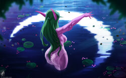 Rule 34 | 1girl, arm up, artist name, ass, breasts, colored skin, dated, dress, elf, green hair, highres, large breasts, long hair, night, night elf (warcraft), outdoors, outstretched arm, pink skin, pointy ears, signature, solo, themaestronoob, tyrande whisperwind, wading, warcraft, water, wet, wet clothes, white dress, world of warcraft