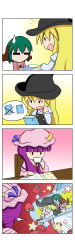 Rule 34 | &gt;:d, . ., 3girls, 4koma, :d, = =, absurdres, animal ears, black dress, blonde hair, book, broom, broom riding, capelet, chibi, comic, crash, crescent, crescent hair ornament, cup, dress, drinking, green hair, hair ornament, hat, highres, hole, kasodani kyouko, kirisame marisa, mob cap, multiple girls, o o, open book, open mouth, patchouli knowledge, purple hair, rakugaki-biyori, reading, silent comic, smile, solid oval eyes, spit take, spitting, spoken object, star (symbol), sweatdrop, tail, teacup, through wall, touhou, v-shaped eyebrows, witch hat