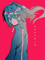 Rule 34 | 1girl, ahoge, bandage on face, bandages, blue eyes, blue hair, blue jacket, closed mouth, ene (kagerou project), eyelashes, hair between eyes, headphones, highres, jacket, kagerou project, limited palette, long hair, menma (enaic31), red background, simple background, smile, solo, symbol in eye, track jacket, translation request, twitter username, upper body, zipper pull tab