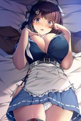 Rule 34 | 1girl, ahoge, apron, aqua eyes, bandana, bed, bed sheet, blue skirt, blush, braid, breasts, breath, brown hair, brown shawl, cameltoe, chougei (kancolle), cleavage, cleft of venus, hair ornament, hair rings, highres, hip vent, kantai collection, large breasts, looking at viewer, lying, neck ribbon, on back, panties, parted lips, shawl, side-tie panties, skirt, sweat, thighhighs, torisan, underwear, undone neck ribbon, waist apron, white apron, white neckwear, white panties