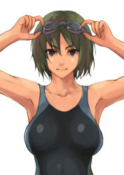 Rule 34 | 1girl, adjusting goggles, alternate breast size, armpits, black one-piece swimsuit, blue one-piece swimsuit, bob cut, breasts, brown eyes, commentary, competition swimsuit, goggles, green hair, hands on own head, hands up, large breasts, light smile, looking at viewer, nude, one-piece swimsuit, original, short hair, simple background, solo, swimsuit, tomboy, tomoshiki, white background
