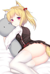 Rule 34 | 1girl, animal ear fluff, animal ears, arknights, ass, bad id, bad pixiv id, bencao gangmu (19), blonde hair, blush, bow, cat ears, commentary request, feet out of frame, female focus, hair bow, highres, looking at viewer, medium hair, hugging object, red bow, red eyes, shirt, side ponytail, simple background, sky, solo, sora (arknights), tail, thighhighs, white background, white shirt, white thighhighs