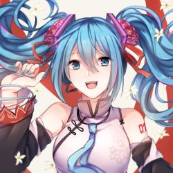 Rule 34 | 1girl, bare shoulders, blue eyes, blue hair, blue nails, blue necktie, chinese clothes, commentary, detached sleeves, english commentary, floral print, flower, hair flower, hair ornament, hair ribbon, hand up, hatsune miku, hatsune miku expo, headphones, headset, highres, long hair, looking at viewer, nail polish, necktie, open mouth, ribbon, shirt, shoulder tattoo, sleeveless, sleeveless shirt, smile, solo, tattoo, twintails, upper body, very long hair, vocaloid, yun chen