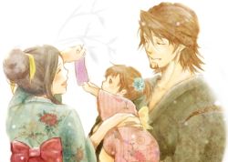 Rule 34 | 10s, 1boy, 2girls, age difference, bracelet, brown eyes, brown hair, child, couple, dress, closed eyes, facial hair, family, father and daughter, ghost, hair ornament, haku-ginga, hetero, husband and wife, imoan8, japanese clothes, jewelry, kaburagi kaede, kaburagi t. kotetsu, kaburagi tomoe, kimono, long hair, mother and daughter, multiple girls, necktie, ponytail, short hair, side ponytail, stubble, tiger &amp; bunny, vest, waistcoat, watch, wristwatch, aged down