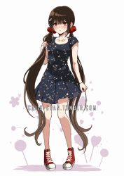 Rule 34 | 1girl, alternate costume, arm at side, bare arms, blunt bangs, blush, breasts, brown hair, closed mouth, collarbone, commentary, criis-chan, danganronpa (series), danganronpa v3: killing harmony, dress, frown, full body, hair ornament, harukawa maki, holding, holding own hair, long hair, looking at viewer, low twintails, mole, mole under eye, pout, print dress, red eyes, red footwear, red scrunchie, scrunchie, shoes, short sleeves, small breasts, sneakers, solo, space print, standing, starry sky print, symbol-only commentary, twintails, very long hair, white footwear