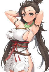 Rule 34 | 1girl, absurdres, armpits, arms behind head, bare shoulders, bead necklace, beads, blush, body markings, breasts, facial mark, fate/grand order, fate (series), forehead, forehead mark, highres, himiko (fate), himiko (first ascension) (fate), jewelry, large breasts, long hair, looking at viewer, magatama, magatama necklace, necklace, no bra, no panties, open mouth, sash, side slit, sideboob, simple background, suiroh (shideoukami), topknot, white background