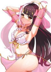 Rule 34 | 1girl, armpits, arms behind back, arms up, ass, belly dancing, bikini, black hair, blush, bow, bracelet, breasts, cleavage, dancer, emobico, frilled bikini, frills, hair bow, highres, jewelry, large breasts, long hair, looking at viewer, mouth veil, multicolored hair, navel, nijisanji, open mouth, red eyes, red hair, see-through, sideboob, solo, split-color hair, streaked hair, swimsuit, two-tone hair, veil, virtual youtuber, white background, white bikini, white hair, yorumi rena