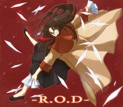 Rule 34 | 00s, 1girl, 21 18, bad id, black hair, coat, copyright name, flying paper, full body, glasses, green eyes, holding, holding paper, long hair, looking back, necktie, paper, read or die, red background, red necktie, simple background, skirt, solo, sunege, yomiko readman