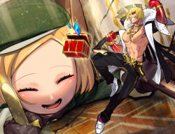 Rule 34 | 1boy, 1girl, :d, abs, axe, bad id, bad pixiv id, belt, beret, black pants, blonde hair, closed eyes, commentary request, crystal, fate/grand order, fate (series), fur trim, giant, giantess, gloves, green hat, grin, hand up, hat, holding, holding weapon, jewelry, muscular, necklace, open mouth, pants, paul bunyan (fate), pectorals, red gloves, ring, sakata kintoki (fate), sakata kintoki (third ascension) (fate), shoes, short hair, smile, sokuse kienta, standing, standing on one leg, sunglasses, swept bangs, treasure chest, weapon, white footwear