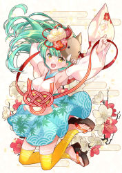 Rule 34 | 1girl, :d, animal, animal on head, aqua hair, artist name, blue skirt, boar, breasts, detached sleeves, egasumi, floral print, flower, hair flower, hair ornament, japanese clothes, jumping, kawanobe, kimono, leaf print, new year, on head, open mouth, original, personification, red ribbon, reiwa, ribbon, simple background, skirt, small breasts, smile, thighhighs, white background, yellow eyes, yellow thighhighs