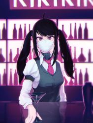 Rule 34 | 1girl, absurdres, ahoge, bar (place), bartender, black hair, black vest, blouse, breasts, cocktail, cocktail glass, commentary request, coronavirus pandemic, covered mouth, cup, dress shirt, drinking glass, highres, huge filesize, jill stingray, long hair, looking at viewer, mask, mouth mask, necktie, puk (higanbana doujin), red eyes, red necktie, shirt, small breasts, solo, surgical mask, swept bangs, twintails, va-11 hall-a, vest, white shirt