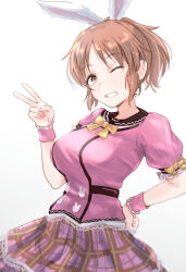 Rule 34 | 1girl, abe nana, animal ears, bow, bowtie, breasts, brown hair, cowboy shot, dress, frilled sleeves, frills, gradient background, grin, hand on own hip, highres, idolmaster, idolmaster cinderella girls, lace, lace-trimmed dress, lace-trimmed skirt, lace trim, large breasts, light particles, looking at viewer, one eye closed, parted bangs, pink dress, pink nails, pink skirt, pink wrist cuffs, plaid, plaid skirt, ponytail, puffy short sleeves, puffy sleeves, rabbit ears, rabbit ornament, short hair, short sleeves, sidelocks, skirt, smile, solo, sweatdrop, unu (unucence), v, white background, wrist cuffs, yellow bow, yellow bowtie