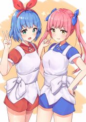 Rule 34 | 2girls, :d, apron, blue bow, blue dress, blue hair, blush, bow, collared dress, cowboy shot, dress, green eyes, hair bow, hairband, hand on own hip, hand up, highres, long hair, multiple girls, omega rei, omega rio, omega sisters, open mouth, puffy short sleeves, puffy sleeves, racchi., red bow, red dress, short hair, short sleeves, smile, standing, star (symbol), twintails, virtual youtuber, w, yellow background, yellow eyes