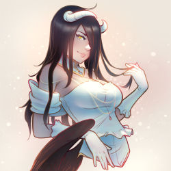 Rule 34 | 1girl, albedo (overlord), bare shoulders, black hair, breasts, cleavage, detached collar, gloves, hair over one eye, horns, large breasts, lips, long hair, overlord (maruyama), smile, solo, tsuaii, upper body, white gloves, yellow eyes