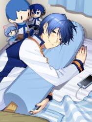 Rule 34 | 1boy, bed, blue eyes, blue hair, blue theme, charging device, food-themed pillow, half-closed eyes, kaito (vocaloid), male focus, nokuhashi, hugging object, phone, pillow, pillow hug, smile, solo, stuffed toy, vocaloid
