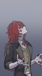 Rule 34 | 1boy, absurdres, blood, blood on face, blood on hands, closed mouth, collared shirt, diluc (genshin impact), from side, genshin impact, grey background, hair between eyes, highres, jacket, kkopoli, long hair, looking up, male focus, rain, red eyes, red hair, shirt, simple background, sleeves rolled up, white shirt