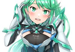 Rule 34 | 1girl, blush, earrings, green eyes, green hair, highres, jewelry, long hair, looking at viewer, playing with own hair, pneuma (xenoblade), ponytail, solo, xenoblade chronicles (series), xenoblade chronicles 2, you nf