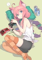 Rule 34 | !, 1girl, ahoge, animal ear fluff, animal ears, ass, asymmetrical legwear, bad id, bad pixiv id, bike shorts, black shorts, blue eyes, blush, can, cat ears, closed mouth, commentary request, controller, food, game controller, hair between eyes, hair bobbles, hair ornament, highres, hinata channel, holding, kanzarin, long hair, looking at viewer, looking to the side, looking up, low twintails, lying, mismatched legwear, nekomiya hinata, no shoes, on side, orange thighhighs, pillow, pink hair, pocky, shirt, short shorts, shorts, solo, spoken exclamation mark, striped clothes, striped thighhighs, tank top, thighhighs, twintails, very long hair, virtual youtuber, white shirt