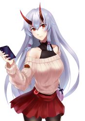 Rule 34 | 1girl, bag, bare shoulders, black pantyhose, black undershirt, breasts, casual, cellphone, contemporary, fate/grand order, fate (series), hair between eyes, hair tubes, handbag, highres, holding, holding phone, long hair, medium breasts, off-shoulder sweater, off shoulder, pantyhose, phone, pleated skirt, red eyes, red skirt, ribbed sweater, shirt, sidelocks, silver hair, simple background, skirt, sleeveless, sleeveless shirt, smartphone, solo, sweater, tomoe gozen (fate), turtleneck, uha, white background, white sweater