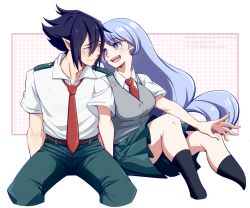 Rule 34 | 1boy, 1girl, amajiki tamaki, black hair, blue eyes, blue hair, boku no hero academia, closed mouth, collared shirt, commentary, couple, digitalscratch, english commentary, green pants, grey vest, hadou nejire, highres, invisible chair, long hair, looking at another, necktie, open mouth, pants, pleated skirt, pointy ears, school uniform, shirt, short hair, sitting, skirt, socks, spiked hair, u.a. school uniform, very long hair, vest, white shirt